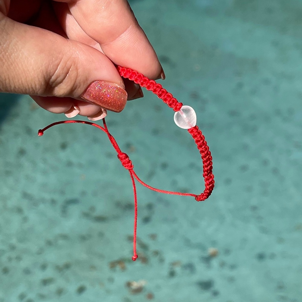 Square Knot Red String Protection Bracelet with Rose Quartz Heart Shaped Bead